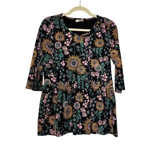 Mata Traders Floral Print Tunic 3/4 Sleeve Black Organic Cotton